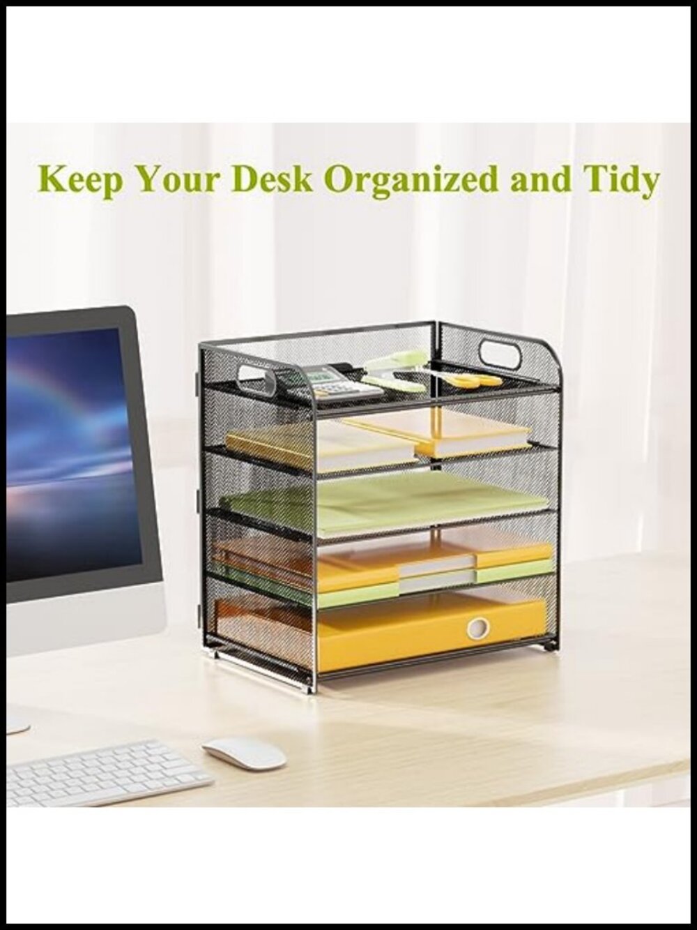 5 Tier Metal Mesh Desk Organizer Letter Tray with Handles - Office File Sorter - Picture 4 of 6